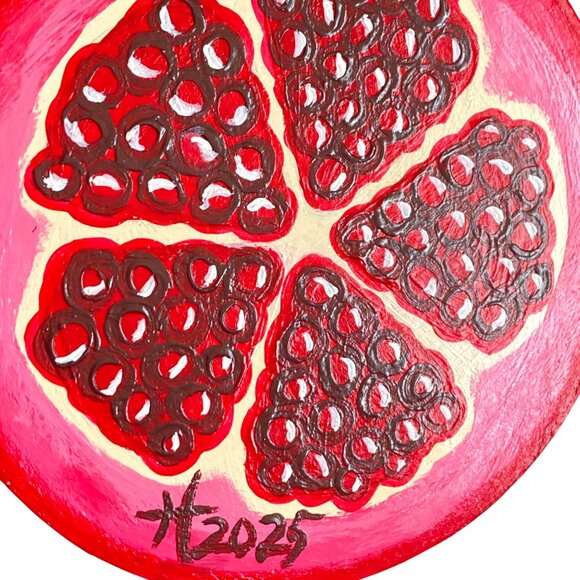 Fancy Fruit Pomegranate Original Acrylic Painting on Wood Round 4in Desk or Wall - Picture 3 of 6